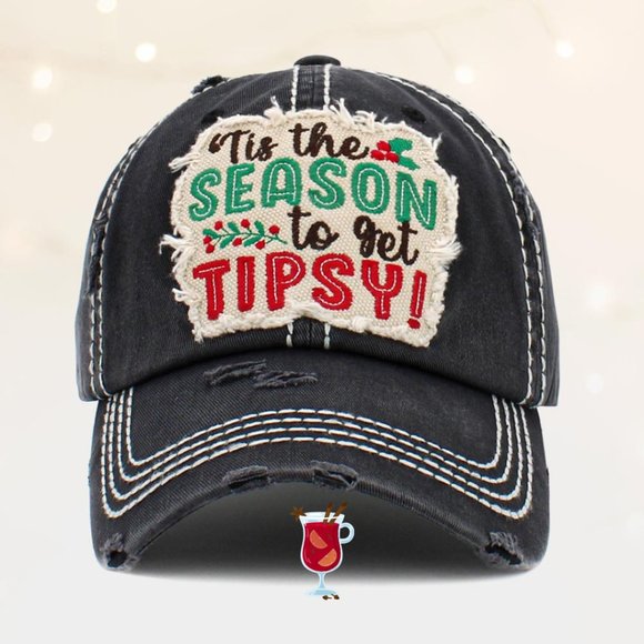 Tis The Season to Get Tipsy Distressed Denim Vintage Baseball Cap/Holiday Cap - Picture 4 of 5